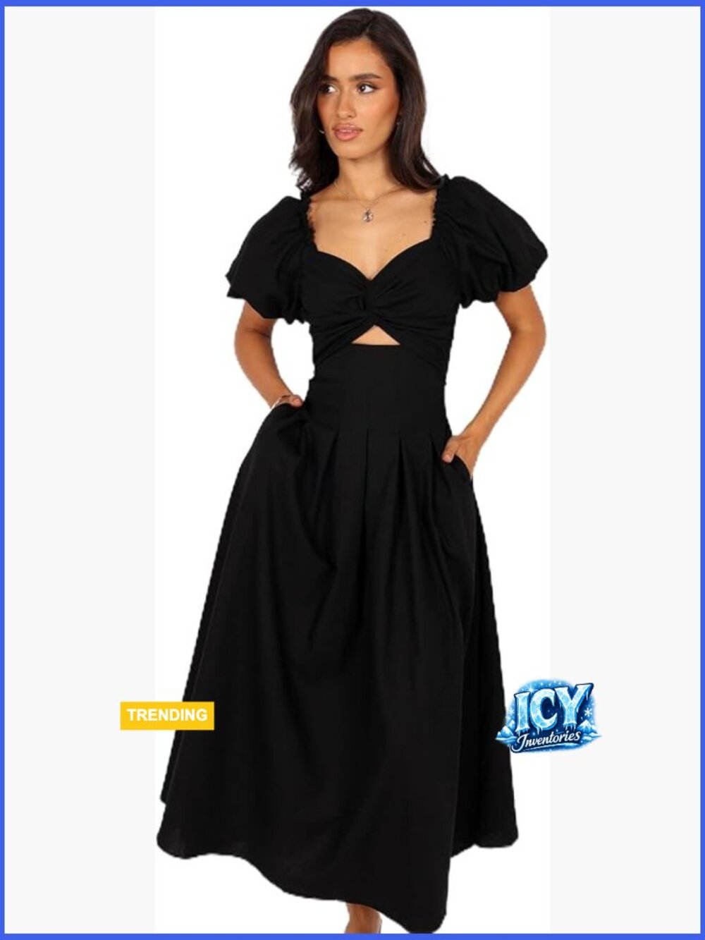 Puff Sleeve Midi Dress with Sweetheart Neckline and Knotted Bust